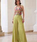 Green silk blend embroidered thread and sequins free size suit
