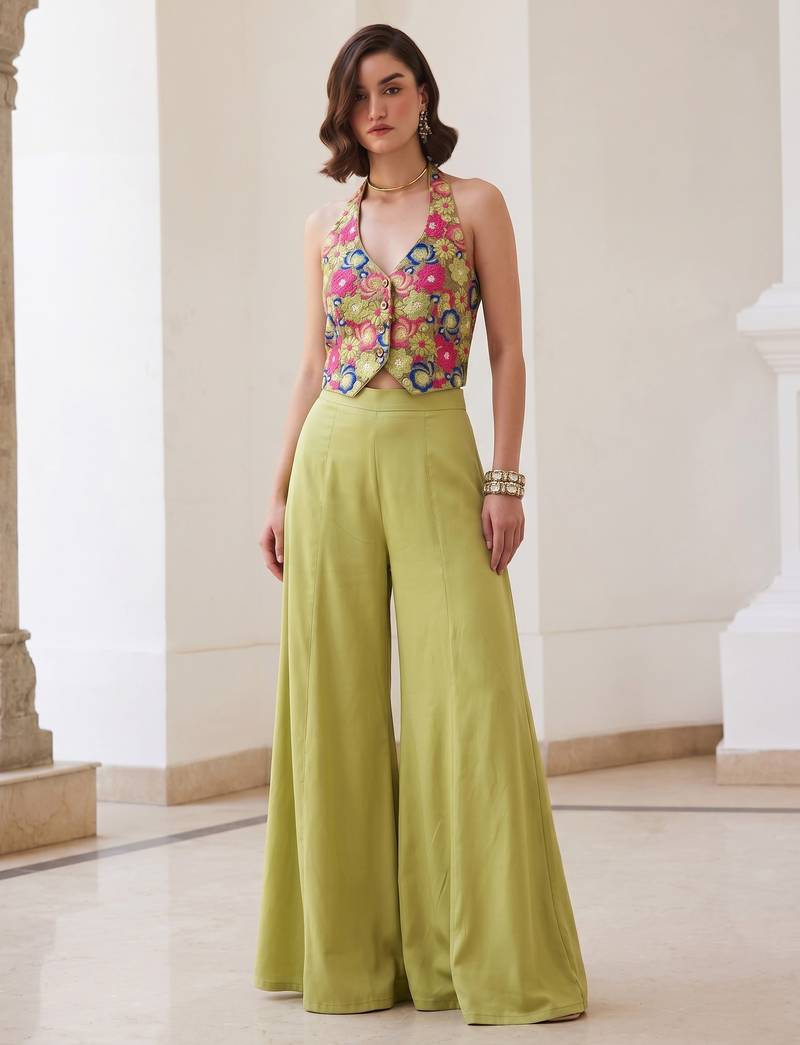 Green silk blend embroidered thread and sequins free size suit