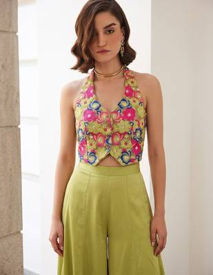 Green silk blend embroidered thread and sequins free size suit 2