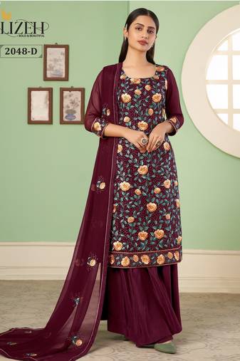 Wine georgette embroidered & sequins free size suit