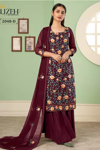 Wine georgette embroidered & sequins free size suit