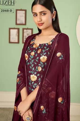 Wine georgette embroidered & sequins free size suit