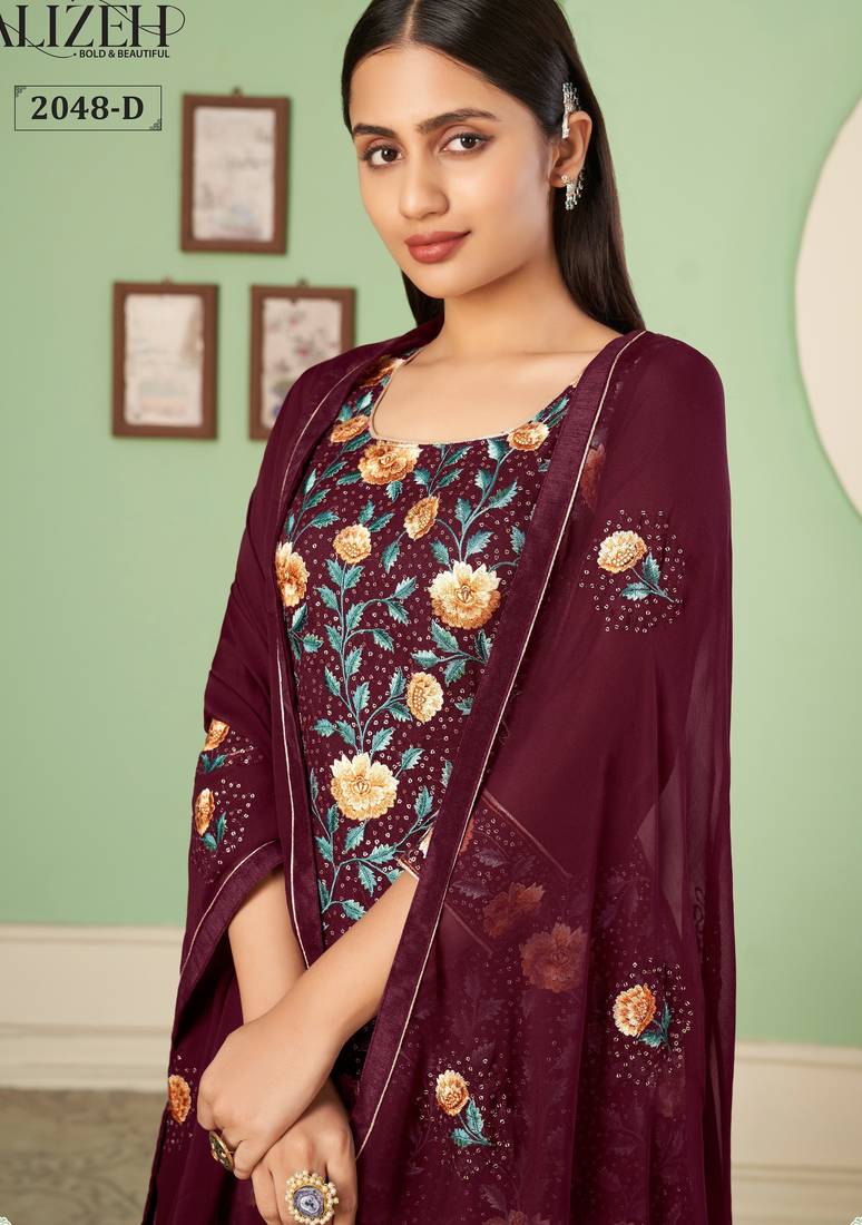 Wine georgette embroidered & sequins free size suit