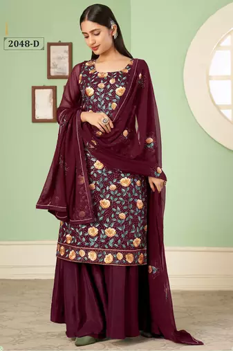 Wine georgette embroidered & sequins free size suit