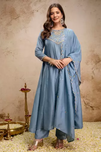 Sky blue silk blend embroidered   sequins free size suit