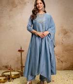Sky blue silk blend embroidered   sequins free size suit