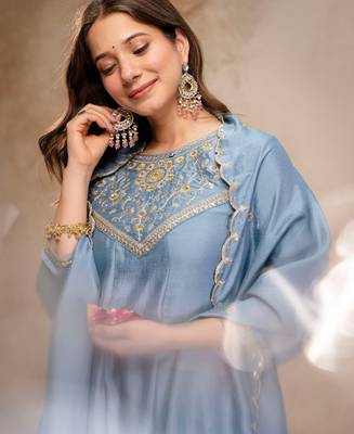 Sky blue silk blend embroidered   sequins free size suit 2