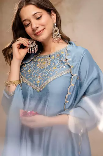Sky blue silk blend embroidered   sequins free size suit