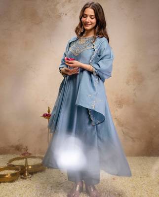 Sky blue silk blend embroidered   sequins free size suit 3