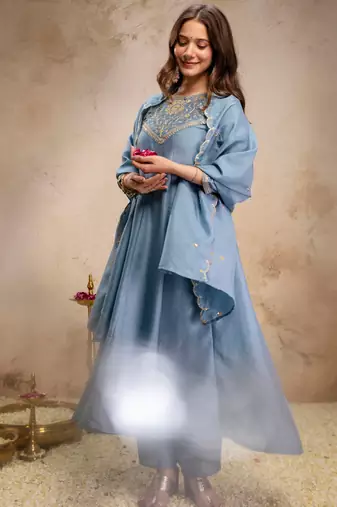 Sky blue silk blend embroidered   sequins free size suit