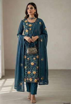 Teal blue georgette multi thread and sequins embroidery work free size suit 1