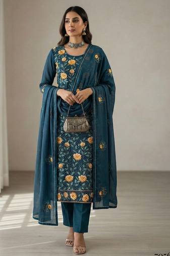 Teal blue georgette multi thread and sequins embroidery work free size suit