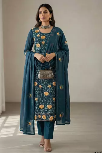 Teal blue georgette multi thread and sequins embroidery work free size suit