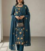 Teal blue georgette multi thread and sequins embroidery work free size suit