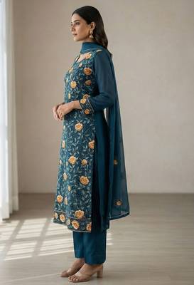 Teal blue georgette multi thread and sequins embroidery work free size suit 2