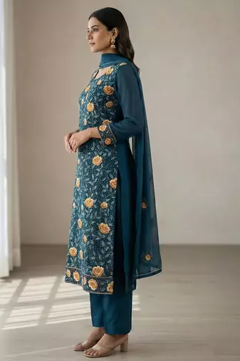 Teal blue georgette multi thread and sequins embroidery work free size suit