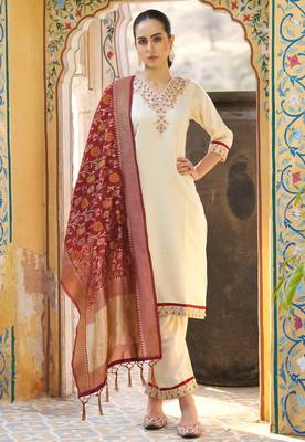 Beige silk blend embroidered free size suit 1