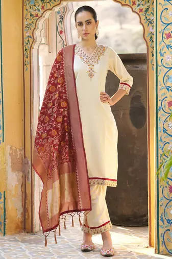 Beige silk blend embroidered free size suit