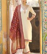 Beige silk blend embroidered free size suit