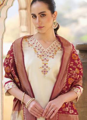 Beige silk blend embroidered free size suit 2