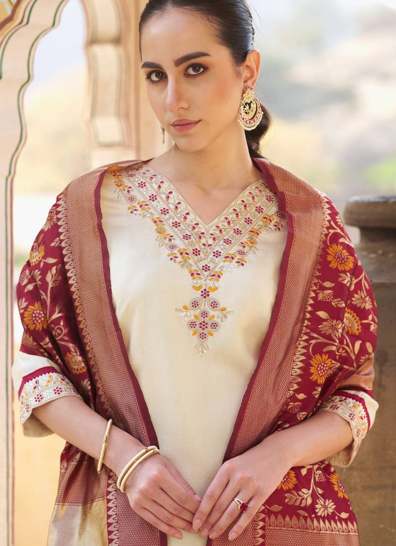 Beige silk blend embroidered free size suit