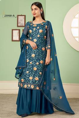 Teal blue georgette embroidered & sequins free size suit 1