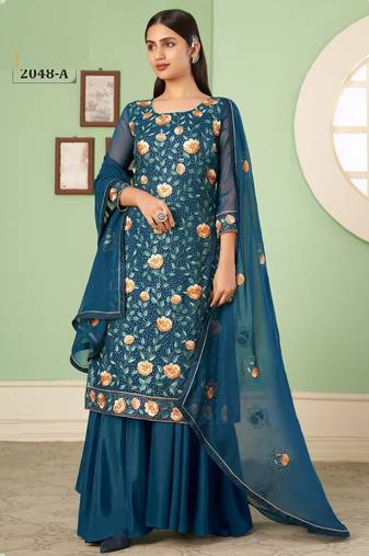 Teal blue georgette embroidered & sequins free size suit