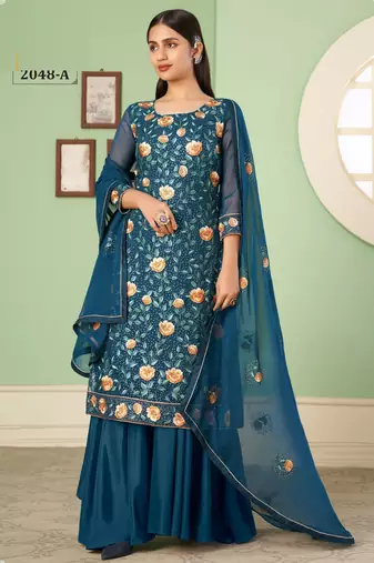 Teal blue georgette embroidered & sequins free size suit
