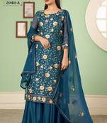 Teal blue georgette embroidered & sequins free size suit