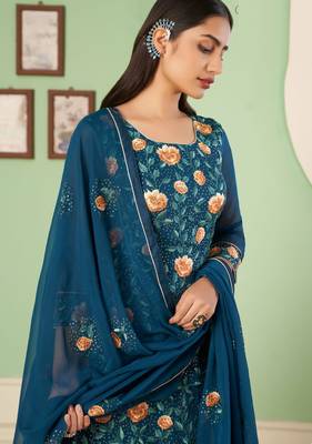Teal blue georgette embroidered & sequins free size suit 2