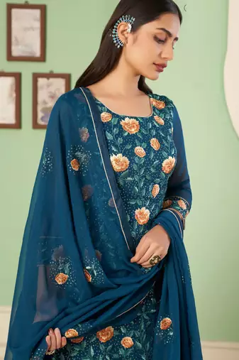 Teal blue georgette embroidered & sequins free size suit