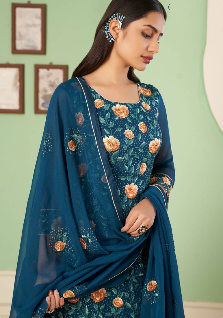 Teal blue georgette embroidered & sequins free size suit