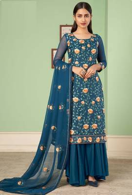 Teal blue georgette embroidered & sequins free size suit 3