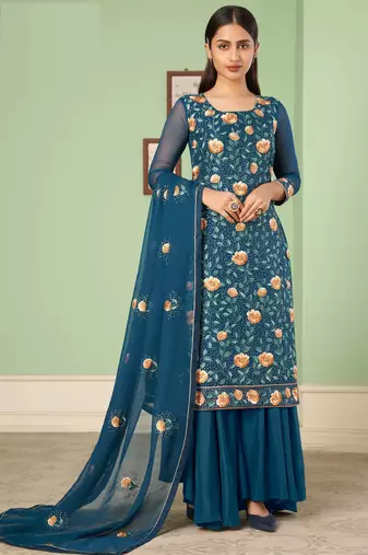 Teal blue georgette embroidered & sequins free size suit
