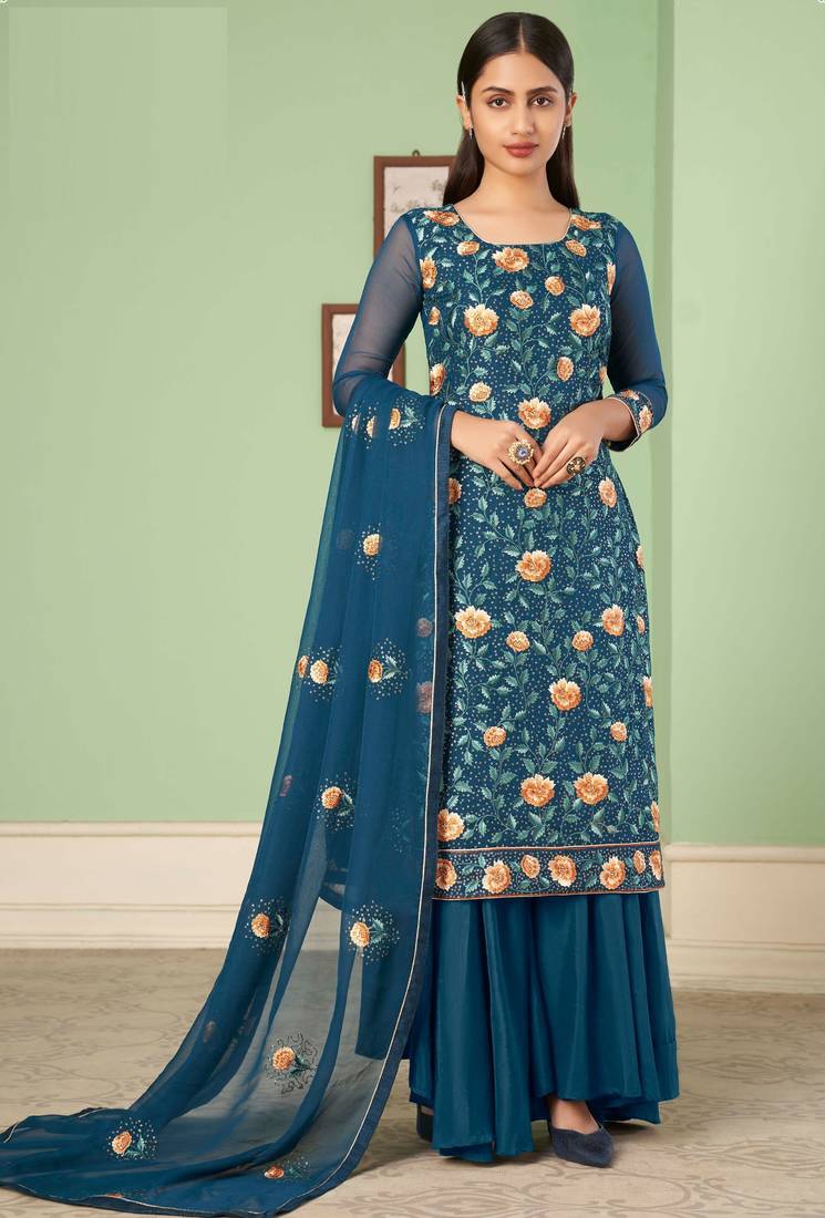 Teal blue georgette embroidered & sequins free size suit