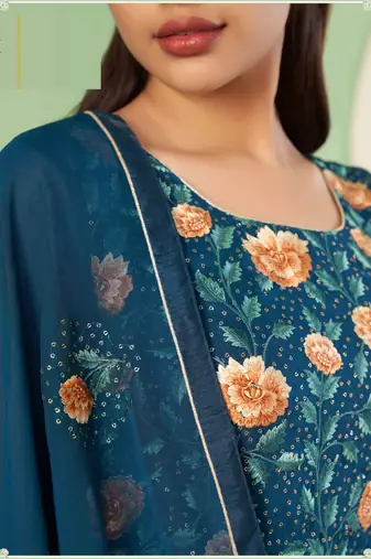 Teal blue georgette embroidered & sequins free size suit