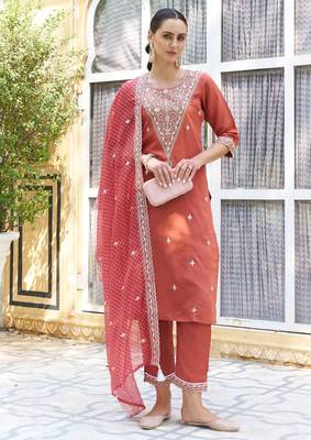 Orange silk blend embroidered free size suit 1