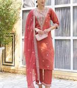 Orange silk blend embroidered free size suit