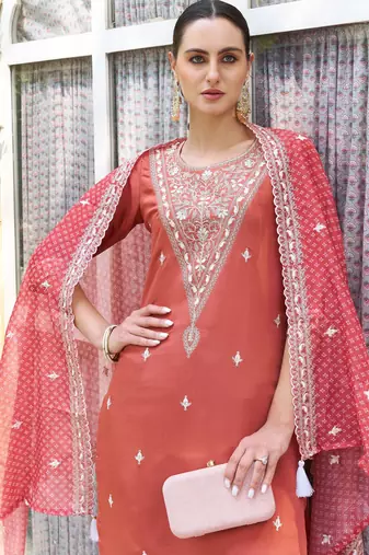 Orange silk blend embroidered free size suit