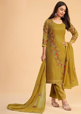 Yellow georgette embroidered & sequins zari free size suit 1