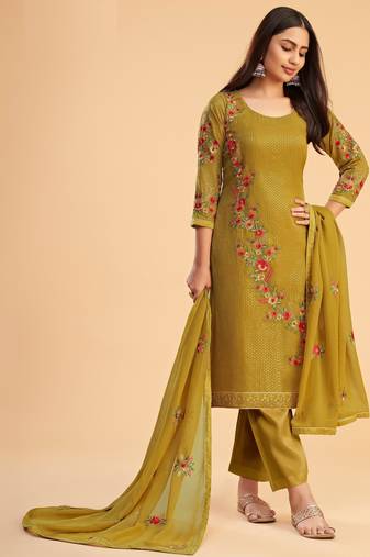 Yellow georgette embroidered & sequins zari free size suit
