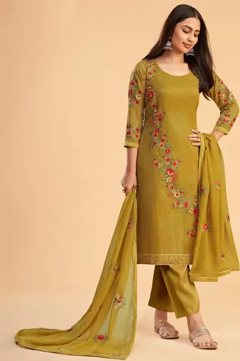 Yellow georgette embroidered & sequins zari free size suit