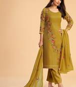 Yellow georgette embroidered & sequins zari free size suit