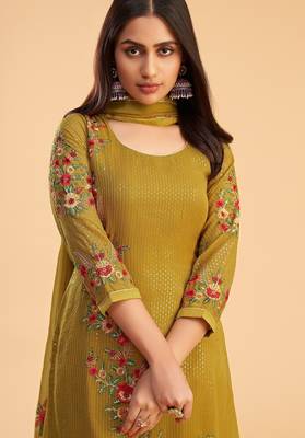 Yellow georgette embroidered & sequins zari free size suit 2