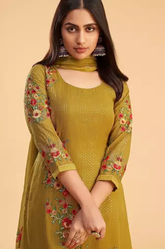 Yellow georgette embroidered & sequins zari free size suit