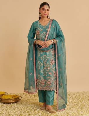 Sea green silk blend embroidered   multi thread and sequins work heavy floral motifs gold zari work free size suit 1