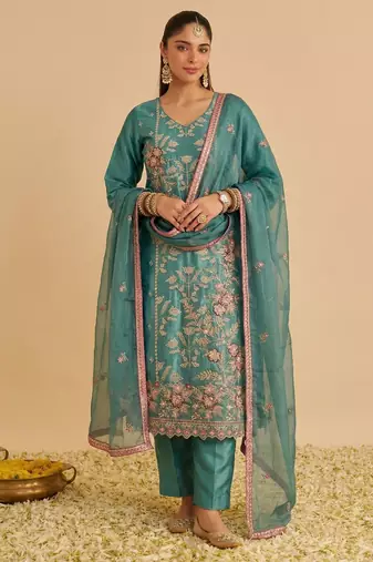 Sea green silk blend embroidered   multi thread and sequins work heavy floral motifs gold zari work free size suit