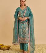 Sea green silk blend embroidered   multi thread and sequins work heavy floral motifs gold zari work free size suit