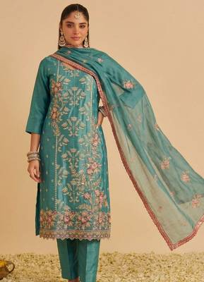 Sea green silk blend embroidered   multi thread and sequins work heavy floral motifs gold zari work free size suit 2