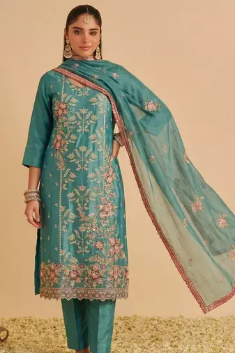 Sea green silk blend embroidered   multi thread and sequins work heavy floral motifs gold zari work free size suit